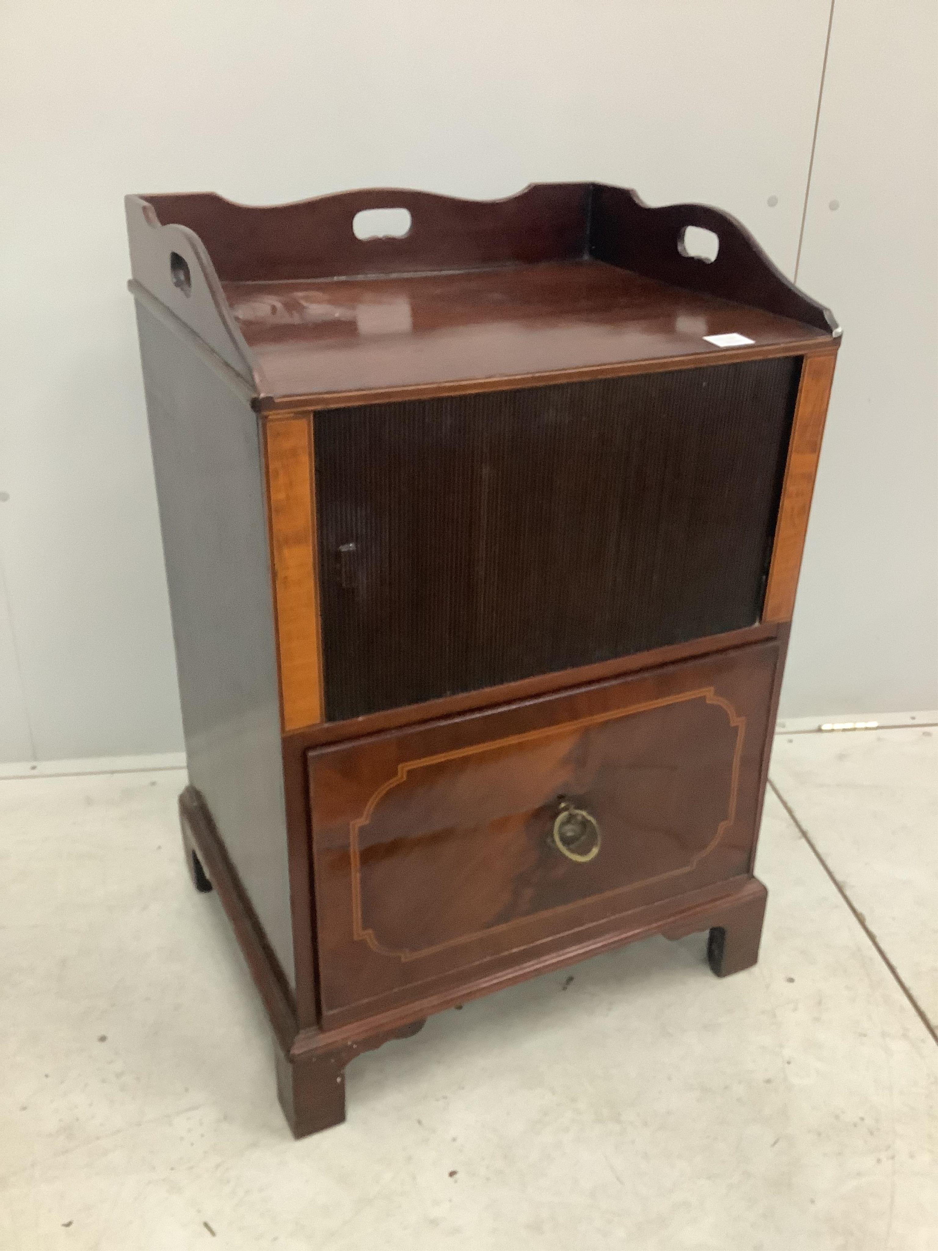 A George III inlaid mahogany tray top commode, width 62cm, height 93cm. Condition - fair